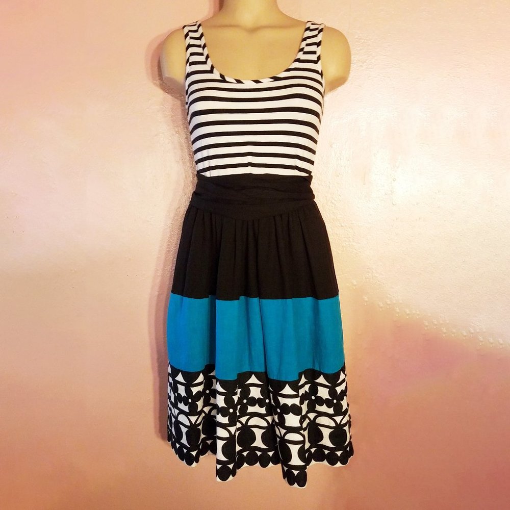 DKNY System Combo Dress~6~Linen Full Skirt~Knit Tank~Turquoise Blue Black White